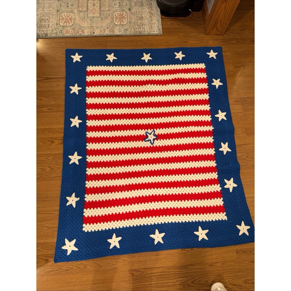 Patriotic Crochet Afghan Throw Blanket 50”x60” Red White Blue Stars Stripes